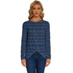 Blue Diamonds Motif Fancy Pattern Design Long Sleeve Crew Neck Pullover Top