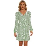 Green Abstract Fractal Background Texture Long Sleeve Waist Tie Ruffle Velour Dress