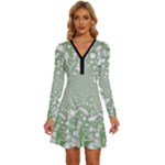 Green Abstract Fractal Background Texture Long Sleeve Deep V Mini Dress 