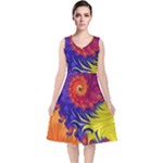 Fractal Spiral Bright Colors V-Neck Midi Sleeveless Dress 