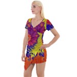 Fractal Spiral Bright Colors Short Sleeve Asymmetric Mini Dress