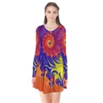 Fractal Spiral Bright Colors Long Sleeve V-neck Flare Dress