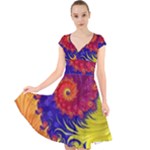 Fractal Spiral Bright Colors Cap Sleeve Front Wrap Midi Dress