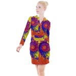 Fractal Spiral Bright Colors Button Long Sleeve Dress