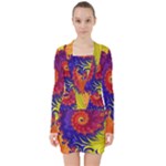 Fractal Spiral Bright Colors V-neck Bodycon Long Sleeve Dress