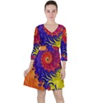 Fractal Spiral Bright Colors Quarter Sleeve Ruffle Waist Dress