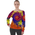 Fractal Spiral Bright Colors Off Shoulder Long Sleeve Velour Top