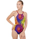 Fractal Spiral Bright Colors High Neck One Piece Swimsuit