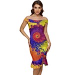 Fractal Spiral Bright Colors Off Shoulder Ruffle Split Hem Bodycon Dress