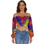 Fractal Spiral Bright Colors Long Sleeve Crinkled Weave Crop Top