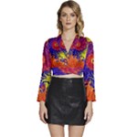 Fractal Spiral Bright Colors Long Sleeve Tie Back Satin Wrap Top