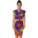 Fractal Spiral Bright Colors Vintage Frill Sleeve V-Neck Bodycon Dress