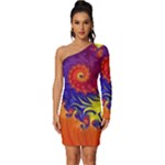 Fractal Spiral Bright Colors Long Sleeve One Shoulder Mini Dress