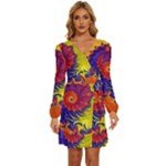 Fractal Spiral Bright Colors Long Sleeve Waist Tie Ruffle Velour Dress