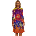 Fractal Spiral Bright Colors Long Sleeve Shirt Collar A-Line Dress