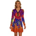 Fractal Spiral Bright Colors Long Sleeve Deep V Mini Dress 