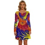 Fractal Spiral Bright Colors Long Sleeve Wide Neck Velour Dress