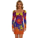 Fractal Spiral Bright Colors Long Sleeve Square Neck Bodycon Velour Dress