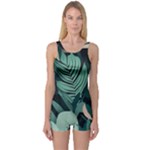 Green Nature Bohemian Painting Leaves Foliage One Piece Boyleg Swimsuit