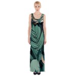 Green Nature Bohemian Painting Leaves Foliage Thigh Split Maxi Dress