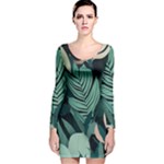 Green Nature Bohemian Painting Leaves Foliage Long Sleeve Velvet Bodycon Dress