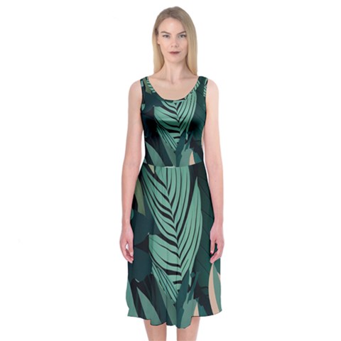 Green Nature Bohemian Painting Leaves Foliage Midi Sleeveless Dress from ArtsNow.com