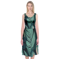 Green Nature Bohemian Painting Leaves Foliage Midi Sleeveless Dress from ArtsNow.com