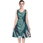 Green Nature Bohemian Painting Leaves Foliage V-Neck Midi Sleeveless Dress 