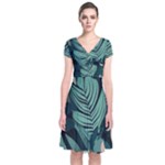 Green Nature Bohemian Painting Leaves Foliage Short Sleeve Front Wrap Dress