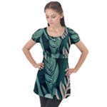 Green Nature Bohemian Painting Leaves Foliage Puff Sleeve Tunic Top