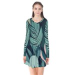 Green Nature Bohemian Painting Leaves Foliage Long Sleeve V-neck Flare Dress