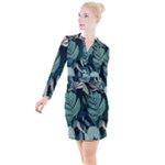 Green Nature Bohemian Painting Leaves Foliage Button Long Sleeve Dress