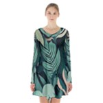 Green Nature Bohemian Painting Leaves Foliage Long Sleeve Velvet V-neck Dress