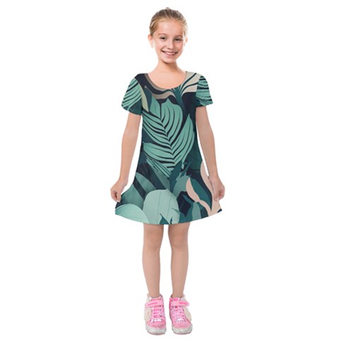 Green Nature Bohemian Painting Leaves Foliage Kids  Short Sleeve Velvet Dress from ArtsNow.com
