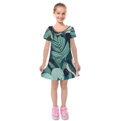 Green Nature Bohemian Painting Leaves Foliage Kids  Short Sleeve Velvet Dress from ArtsNow.com