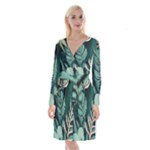 Green Nature Bohemian Painting Leaves Foliage Long Sleeve Velvet Front Wrap Dress