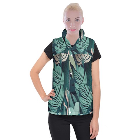Green Nature Bohemian Painting Leaves Foliage Women s Button Up Vest from ArtsNow.com