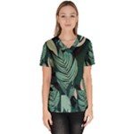 Green Nature Bohemian Painting Leaves Foliage Women s V-Neck Scrub Top