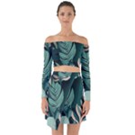 Green Nature Bohemian Painting Leaves Foliage Off Shoulder Top with Skirt Set