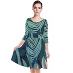 Green Nature Bohemian Painting Leaves Foliage Quarter Sleeve Waist Band Dress