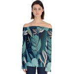 Green Nature Bohemian Painting Leaves Foliage Off Shoulder Long Sleeve Top