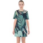 Green Nature Bohemian Painting Leaves Foliage Sixties Short Sleeve Mini Dress