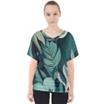 Green Nature Bohemian Painting Leaves Foliage V-Neck Dolman Drape Top