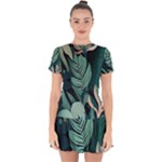 Green Nature Bohemian Painting Leaves Foliage Drop Hem Mini Chiffon Dress