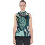 Green Nature Bohemian Painting Leaves Foliage Mock Neck Shell Top