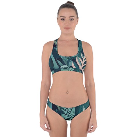 Green Nature Bohemian Painting Leaves Foliage Cross Back Hipster Bikini Set from ArtsNow.com