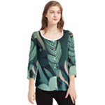 Green Nature Bohemian Painting Leaves Foliage Chiffon Quarter Sleeve Blouse