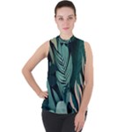 Green Nature Bohemian Painting Leaves Foliage Mock Neck Chiffon Sleeveless Top