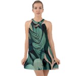 Green Nature Bohemian Painting Leaves Foliage Halter Tie Back Chiffon Dress