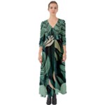 Green Nature Bohemian Painting Leaves Foliage Button Up Boho Maxi Dress